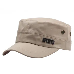 Classic beige cotton flat top military cap with 3D sports lettering and metal eyelets