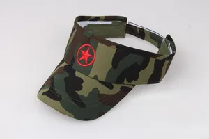 Detail of kids camo visor with red star embroidery and breathable mesh lining
