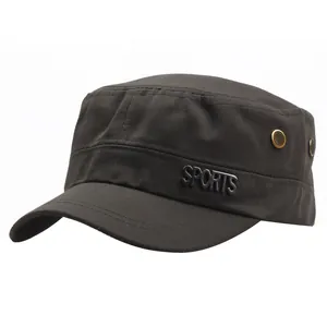 Dark brown cotton canvas cadet cap with metal sports letters and breathable side eyelets