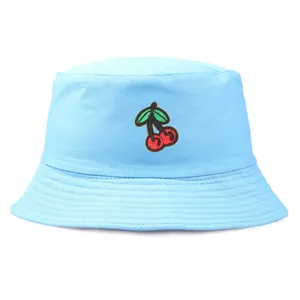 Sky blue cotton bucket hat with sweet cherry embroidery for sun protection