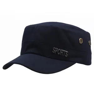 Classic navy cotton flat top army cadet hat with metal sports logo for outdoor sports