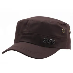 Dark brown cotton flat top cadet hat with metal sports logo and side air vents