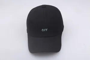 Detail of black cotton baseball cap with light blue OFF embroidery and curved brim