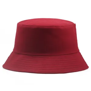 Deep red cotton twill bucket hat with parallel stitching on brim, flat top sun protection