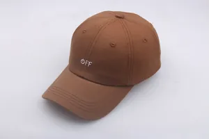 Detailed embroidery of the OFF letter logo on a brown cotton twill baseball cap