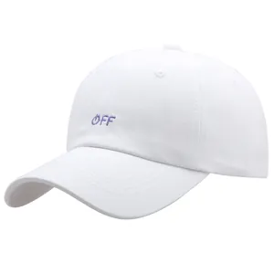 White cotton baseball cap with purple OFF embroidery and minimalist sun visor design