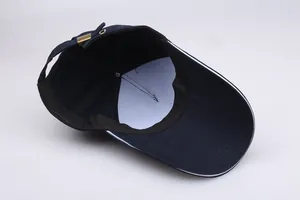 Detail of navy blue baseball cap interior featuring sweatband and gold metal buckle adjustment