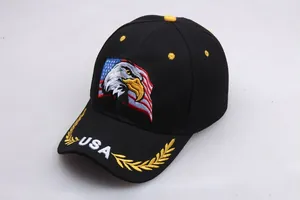 Black baseball cap with eagle embroidery, USA flag pattern and golden laurel on the brim
