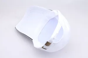 Detail of adjustable metal buckle and stitching on white cotton baseball cap for men