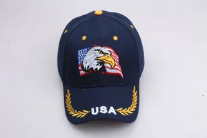 Detailed view of patriotic eagle and USA flag embroidery on navy baseball cap