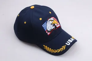 Detail of high-density USA embroidery and eagle motif on navy blue baseball cap