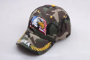 Macro detail of camouflage baseball cap with eagle embroidery and USA flag elements