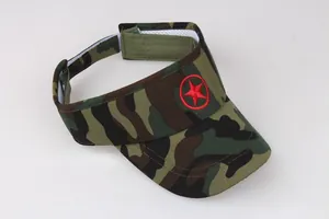 Detail of camouflage visor with red star embroidery and adjustable velcro strap back