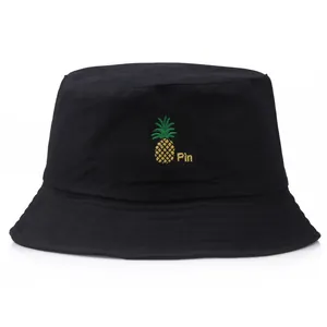 Sombrero de pescador reversible de algodón negro con bordado de piña para el sol