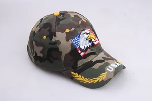Top view of camouflage baseball cap with eagle embroidery and USA brim detail