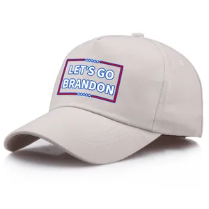 Classic beige cotton baseball cap featuring blue Let's Go Brandon slogan print