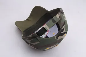Detail of camouflage baseball cap with adjustable hook and loop strap and star embroidery