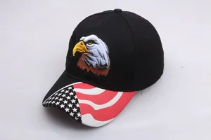 Detailed close-up of eagle embroidery and USA flag print on black baseball cap