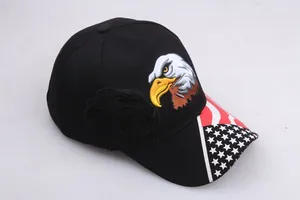 Detail of eagle embroidery and American flag pattern on a black baseball cap