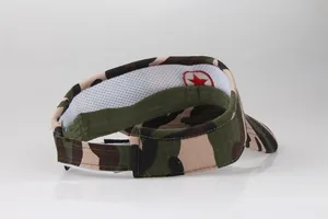 Detail view of camouflage sun visor with breathable mesh lining and red star embroidery