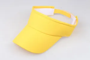 Detail view of bright yellow sun visor with adjustable strap and wide curved brim