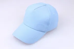 Macro shot of 5-panel light blue cotton baseball cap with ventilation holes and curved brim