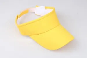 Detail of adjustable white velcro strap on bright yellow sun visor hat for kids