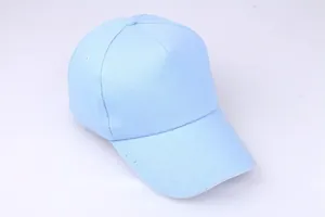 Top-down view of light blue 5-panel cotton baseball cap with fabric texture details
