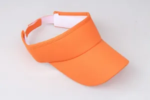 Detail view of adjustable orange sun visor with Velcro strap and breathable lining