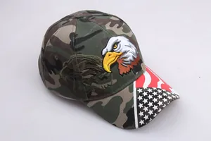 Macro view of woodland camo baseball cap with eagle embroidery and US flag detail