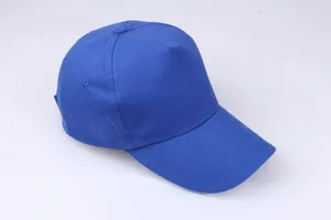 Detail view of cotton 5-panel baseball cap in royal blue with adjustable metal buckle