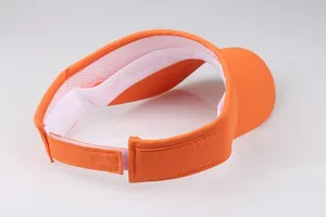 Detail of orange sun visor showing breathable white mesh lining and velcro strap