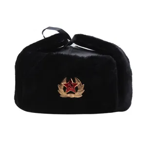 Winter Russian Style Ushanka Hat Men Women Faux Fur Windproof Ear Flap Cap With Vintage Metal Badge Outdoor Warm Lei Feng Hat