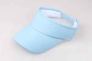 Detail view of light blue visor hat featuring breathable fabric and white sweatband