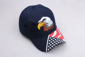 Detail of the American flag eagle embroidery on the visor of this navy baseball cap