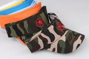 Detail view of multi-color children's sun visors featuring red star embroidery and cotton twill