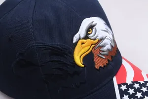 Detailed close-up of eagle embroidery and US flag pattern on navy blue baseball cap