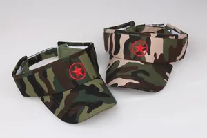 Detail of camouflage sun visor hat with red star embroidery on durable canvas material