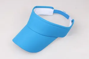 Detailed view of bright blue sun visor with adjustable white hook and loop strap
