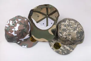 Flat brim camouflage baseball caps in jungle, green, and digital patterns with adjustable snapback