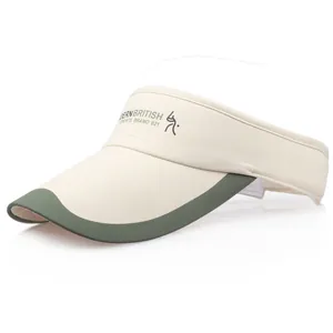 Beige sports sun visor with dark green brim and Modern British Sports Brand text