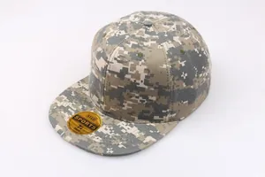 Detail view of digital camo hip hop hat with 7 1/4 size sticker on flat brim