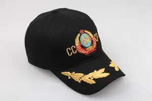 Detailed view of CCCP Soviet emblem and golden wheat embroidery on black baseball cap