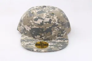 Detail view of the digital camouflage pattern and size label on this flat brim baseball cap