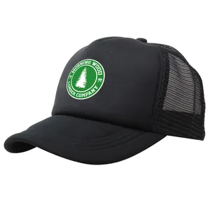 Black trucker cap with green Morning Wood lumber company logo and breathable mesh back