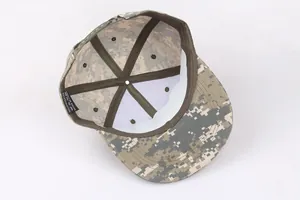 Internal view of camouflage hip-hop cap showing polyester lining and adjustable strap