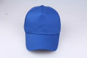 Close-up of a royal blue 5-panel cotton baseball cap with curved brim and stitching