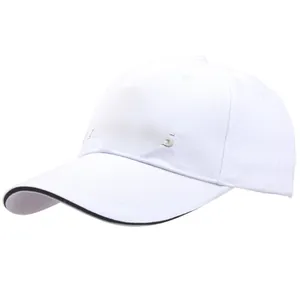 Classic white cotton baseball cap with black brim trim and front embroidery detail