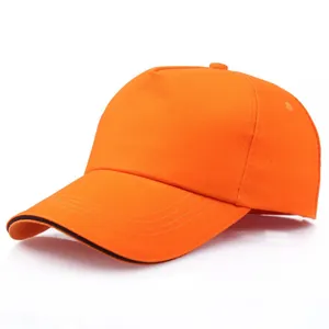 Custom 5-panel orange cotton baseball cap with black contrast trim on the brim