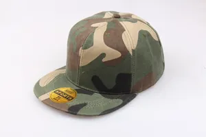 Close-up of camouflage flat brim cap with size sticker and jungle pattern detail